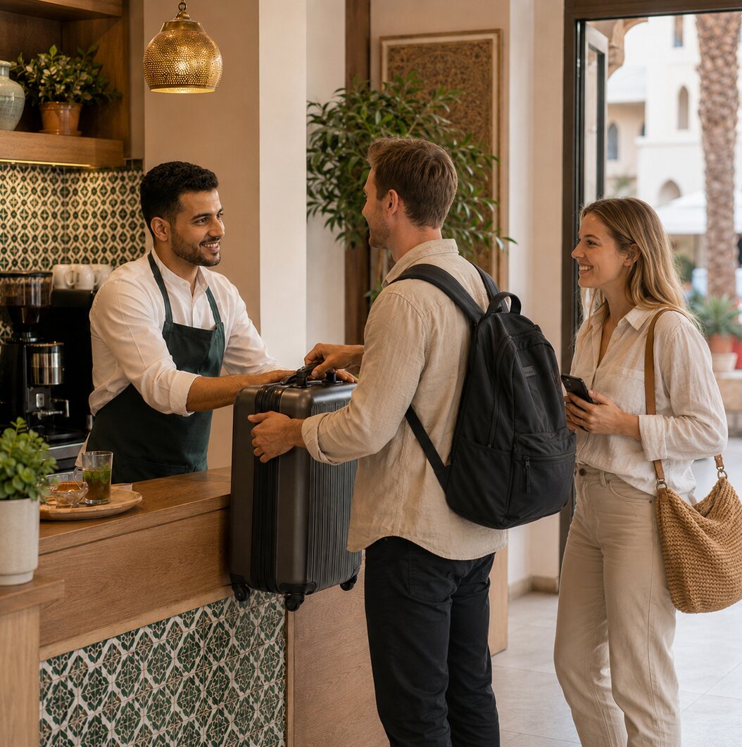 A traveller hands his suitcase over at the counter of a Stash & Go partner café in Agadir