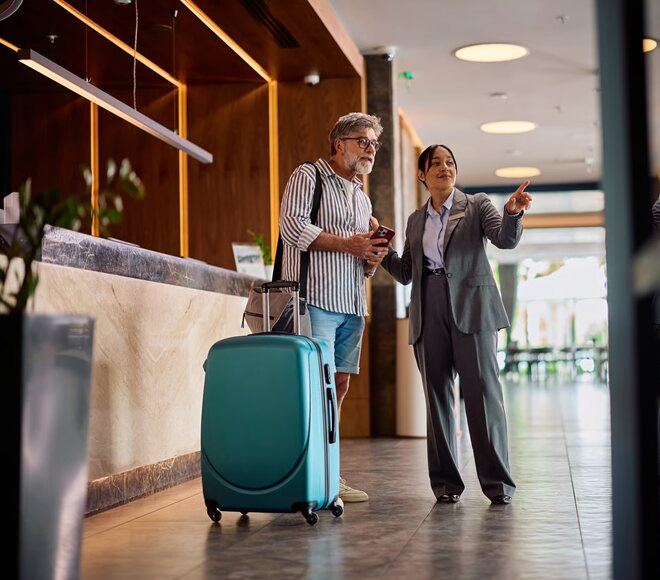 The reception desk of an Agadir hotel, a Stash & Go partner point